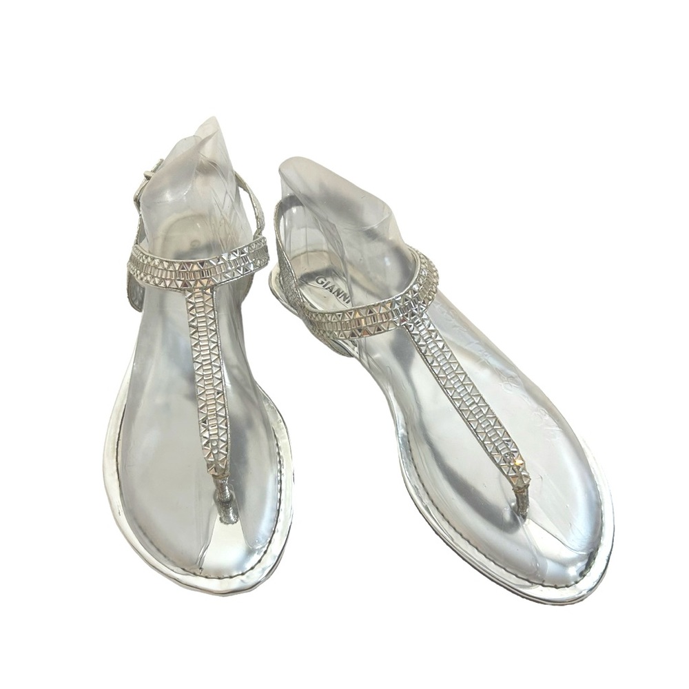 Gianni Bini Silver Sparkly Jeweled Marygold T-Strap Flat Sandals, Size 7 1/2